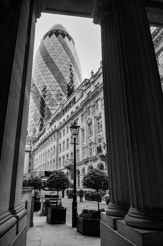 Blick auf The Gherkin ("die Gewürzgurke")